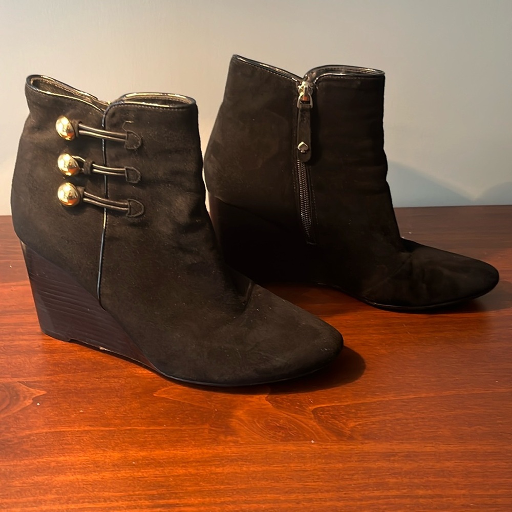 Kate Spade suede wedge black bootie with gold buttons size 9
